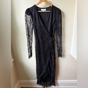 L'ACADEMIE Kathleen Midi Black Lace Dress Revolve Whimsigoth Wrap‎ Witchy S